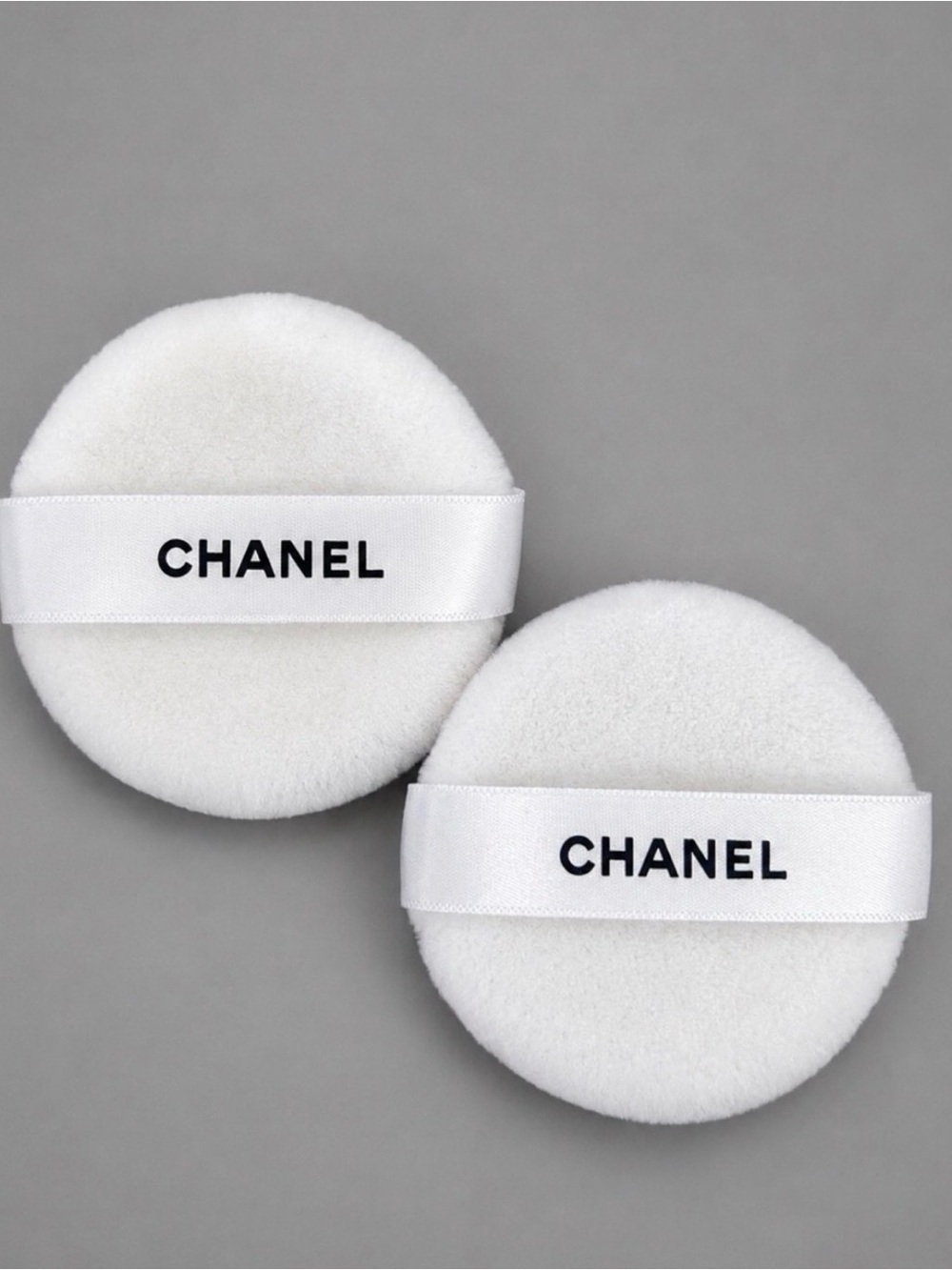 CHANEL White Plush Powder Puffs with Logo Ribbon